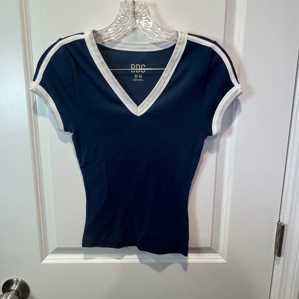 BDG Womens T-Shirt V-Neck Ringer Short Sleeve Navy Blue White Size M